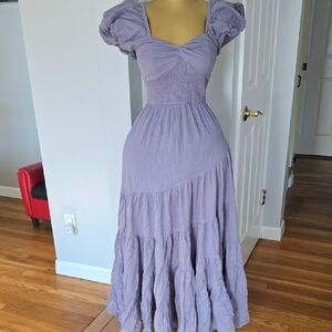 Lavender Puff-Sleeve Smocked Maxi Dress